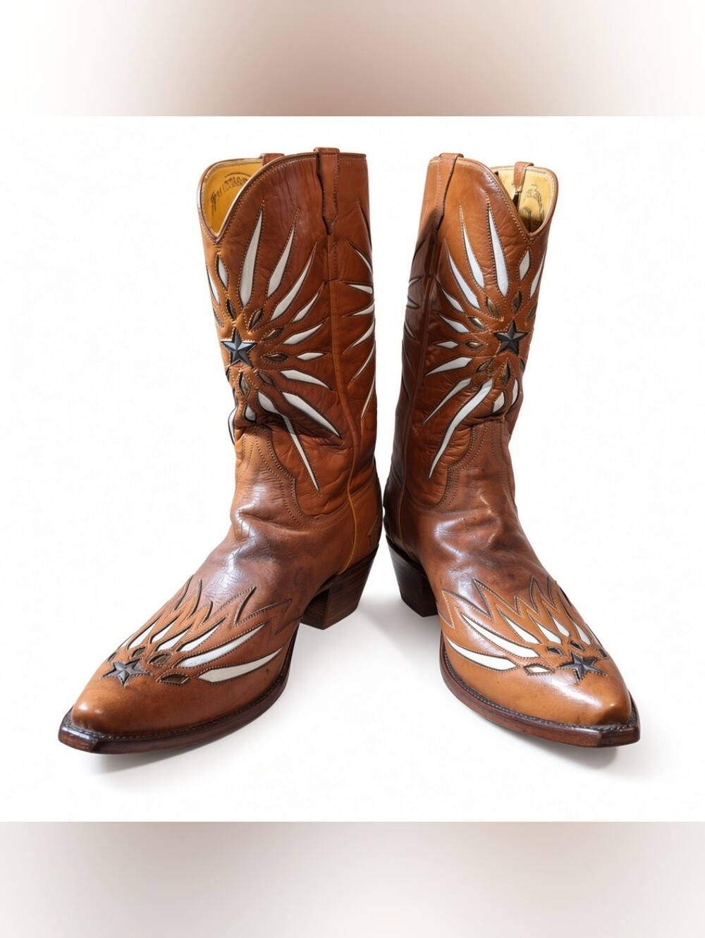 Men's Falconhead Brown Western Star Embroidered Cowboy Boots, Metal Inlay, 9.5D